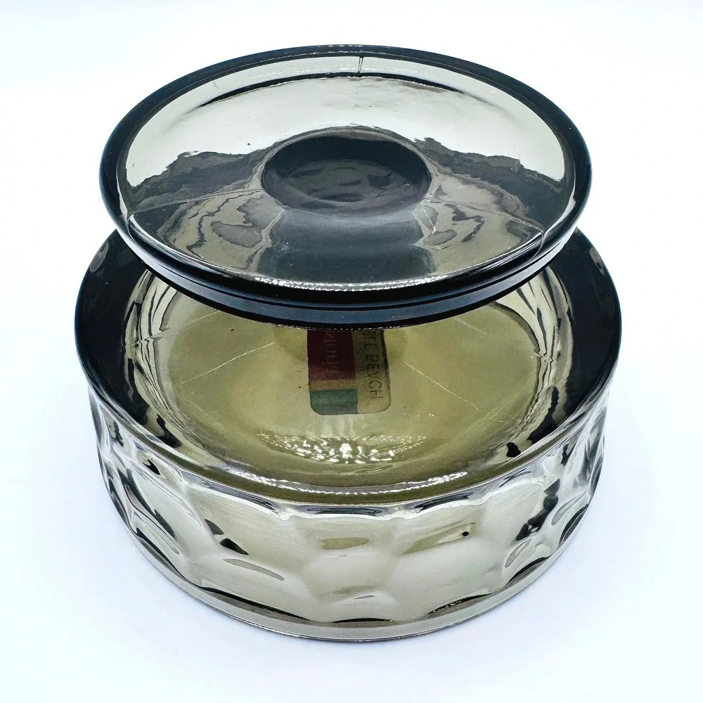 Fostoria Pebble Beach Smoke Gray Glass Pedestal‎ Dessert Bowl Thumbprint Sticker